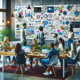 A modern office setting with a team of diverse professionals brainstorming digital marketing strategies. The scene includes a large whiteboard filled  80x80